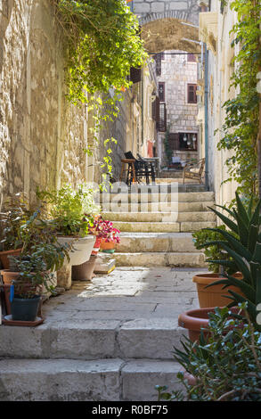 Korcula - Die eine ailse der Altstadt. Stockfoto