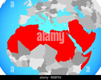 Arabische Liga auf Blau politische Welt. 3D-Darstellung. Stockfoto