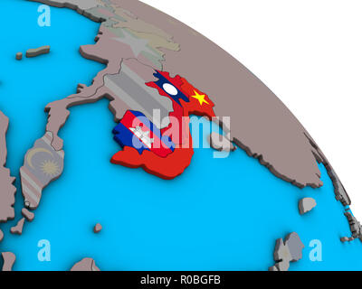 Indochina mit integrierten nationalen Flaggen auf einfache blaue politischen 3D-Globus. 3D-Darstellung. Stockfoto