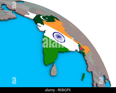 Britisch Indien mit integrierten nationalen Flaggen auf einfache blaue politischen 3D-Globus. 3D-Darstellung. Stockfoto