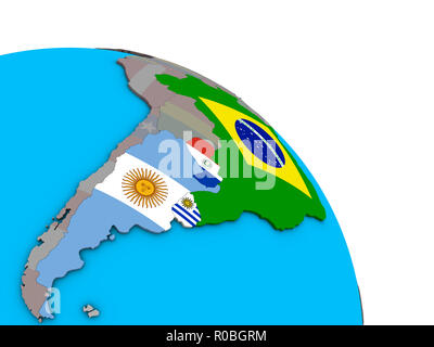 Mitglieder des Mercosur mit integrierten nationalen Flaggen auf einfache blaue politischen 3D-Globus. 3D-Darstellung. Stockfoto