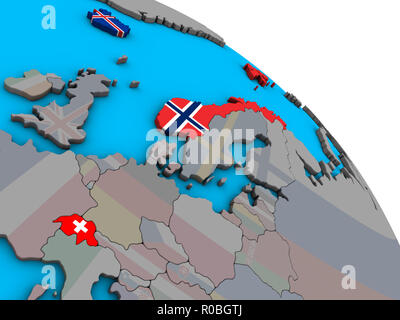 EFTA-Länder mit integrierten nationalen Flaggen auf einfache blaue politischen 3D-Globus. 3D-Darstellung. Stockfoto