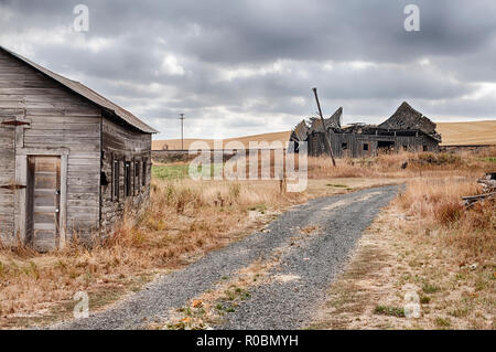 Eine alte Scheune zusammenbricht, am Ende der Straße auf einem Gehöft in Eastern Washington. Stockfoto