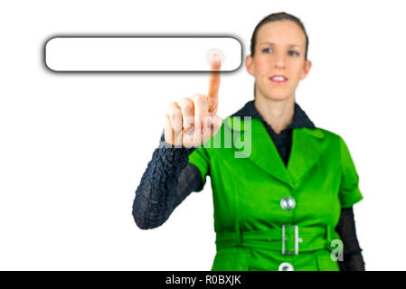 Junge Frau drücken einen leeren Button auf virtuellen Bildschirm. Der leere Raum bereit für ihren Text. Stockfoto