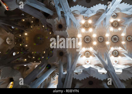 Aufwändige Konstruktion an der Decke der Sagrada Familia, Barcelona, Spanien Stockfoto