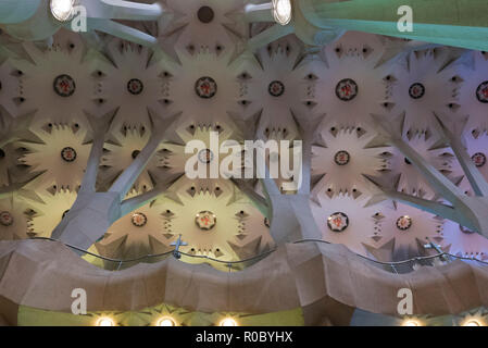 Aufwändige Konstruktion der Decke der Sagrada Familia, Barcelona, Spanien Stockfoto