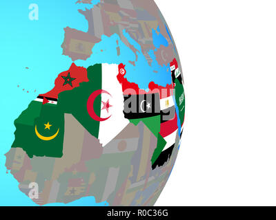 Arabische Liga mit nationalen Flaggen auf einfache politische Welt. 3D-Darstellung. Stockfoto