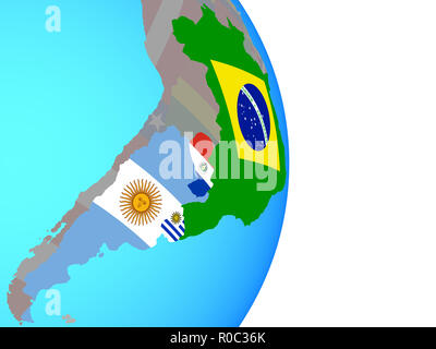 Mitglieder des Mercosur mit nationalen Flaggen auf einfache politische Welt. 3D-Darstellung. Stockfoto