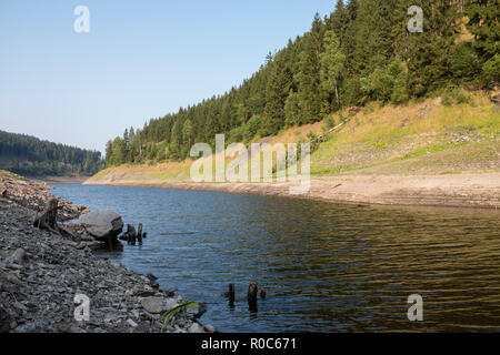 Ein Fluss im Harz schlängelt sich durch ein idyllisches Tal im Sommer Stockfoto