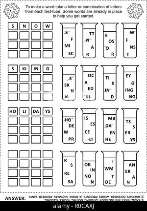 Winter und Winterurlaub themed Wort Spiel: vier Wörter für jede Gruppe von Compose-Rohre indem Sie einen Buchstaben oder eine Kombination aus Buchstaben von jedem Schlauch. Antwort enthalten. Stock Vektor