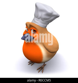 3D-Render von einem Cartoon Robin Vogel trägt einen Hut für die Köche kochen Stockfoto