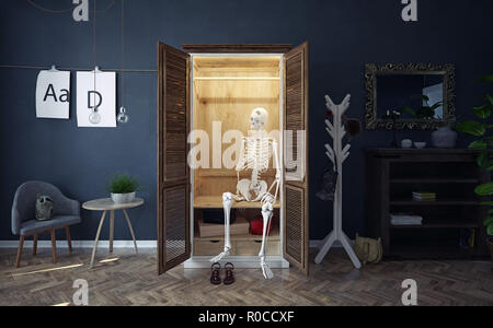 Das Skelett im Schrank. Kreative konzeptionelle Idee. 3D-Rendering Stockfoto