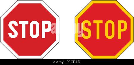 Stop-Schild. Version mit leicht unterschiedlichen Schriftarten, gelb Variante in einigen Teilen der Welt benutzt. Stock Vektor