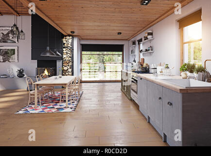 Modernes Chalet Interieur. 3d-design rendering Konzept Stockfoto