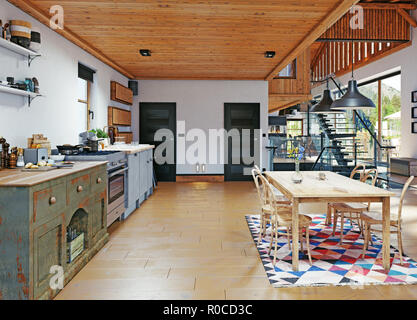 Modernes Chalet Interieur. 3d-design rendering Konzept Stockfoto