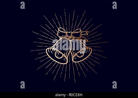 Christmas Bells. Goldene Zeichen jingle bells mit Lichtstrahlen Stock Vektor