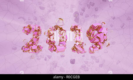 Frohes Neues Jahr Banner mit 2019 trendy pink Farbe Zahlen durch zerbrochene Risse im Stein mit fliegenden Glas oder Wasser Kugeln auf hellen Hintergrund gemacht. abstrakten 3D-Darstellung Stockfoto