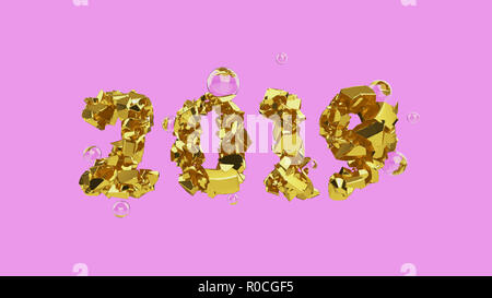 Frohes Neues Jahr Banner mit 2019 trendy pink Farbe Zahlen durch zerbrochene Gold mit fliegenden Glas oder Wasser Kugeln auf hellen Hintergrund geknackt. abstrakten 3D-Darstellung Stockfoto