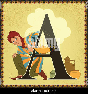 Kinder Buch cartoon Märchen Alphabet. Buchstabe A. Aladdin und die wunderbare Lampe. Arabische Nächte Stockfoto