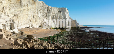 Anzeigen von Seaford Kopf aus dem Splash point, Felsen, Meer, blauer Himmel, betonsteine als See Defense in der Front, East Sussex. England, in der Nähe von sieben Schwestern National Park, Panorama, selektiven Fokus Stockfoto