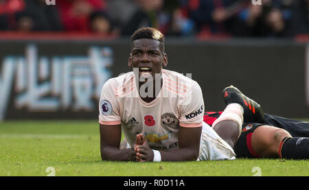 Bournemouth, UK. 03 Nov, 2018. Paul Pogba von Manchester United in der Premier League Match zwischen London und Manchester United am Goldsands Stadion, Bournemouth, England am 3. November 2018. Foto von Andy Rowland. (Foto darf nur für Zeitung und/oder Zeitschrift redaktionelle Zwecke. www.football-dataco.com) Credit: Andrew Rowland/Alamy leben Nachrichten Stockfoto