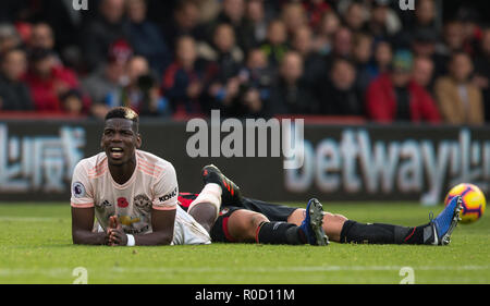 Bournemouth, UK. 03 Nov, 2018. Paul Pogba von Manchester United in der Premier League Match zwischen London und Manchester United am Goldsands Stadion, Bournemouth, England am 3. November 2018. Foto von Andy Rowland. (Foto darf nur für Zeitung und/oder Zeitschrift redaktionelle Zwecke. www.football-dataco.com) Credit: Andrew Rowland/Alamy leben Nachrichten Stockfoto