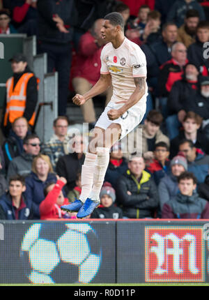 Bournemouth, UK. 03 Nov, 2018. Marcus Rashford von Man Utd feiert sein Tor in der Premier League Match zwischen London und Manchester United am Goldsands Stadion, Bournemouth, England am 3. November 2018. Foto von Andy Rowland. (Foto darf nur für Zeitung und/oder Zeitschrift redaktionelle Zwecke. www.football-dataco.com) Credit: Andrew Rowland/Alamy leben Nachrichten Stockfoto