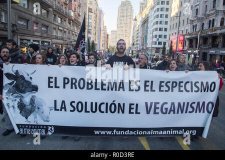 Madrid, Spanien. 3. November, 2018. Die demonstranten gesehen halten ein Banner auf 'geschrieben' Das Problem ist spezismus, die Lösung ist Veganismus' 'während der protestieren. Hunderte von Aktivisten und einige Bürger gegen den Mißbrauch der Rechte der Tiere und eine Umwandlung der Gesellschaft zum Veganismus, sie zu respektieren und sie mit dem Slogan "Respekt und Freiheit für Tiere zu schützen protestiert haben. Credit: Lito Lizana/SOPA Images/ZUMA Draht/Alamy leben Nachrichten Stockfoto