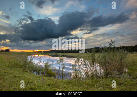 Dunkle Landschaft mit schweren Wolken im Fluss Gletschervorfelder des Rheins in der Nähe von Arnheim, Betuwe, Niederlande Stockfoto