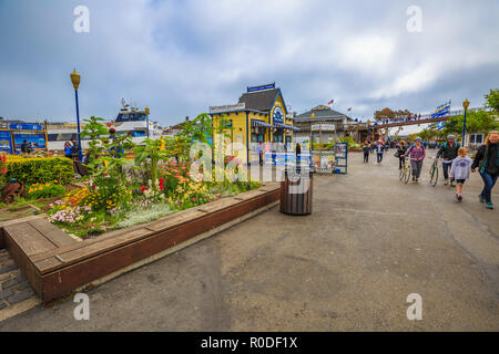 San Francisco, Kalifornien, USA - 14. August 2016: Tourismus im Embarcadero und Pier 39. Die Embarcadero ist die östliche Küste und Fahrbahn auf den Hafen von San Francisco. Bewölkter Himmel. Stockfoto