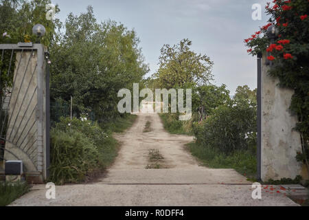 Gatter öffnen können eine unbefestigte Straße mit Bäumen und Pflanzen in einer ländlichen Landschaft typisch im Süden von Sardinien gesäumt. Stockfoto