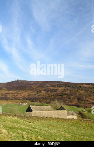 Unter blauem Himmel, Blick auf Simon's Sitz (High Peak auf entfernte Hochmoore) und Verlassenen traditionellen Stein Feld Scheune - Yorkshire Dales, England, GB, UK. Stockfoto
