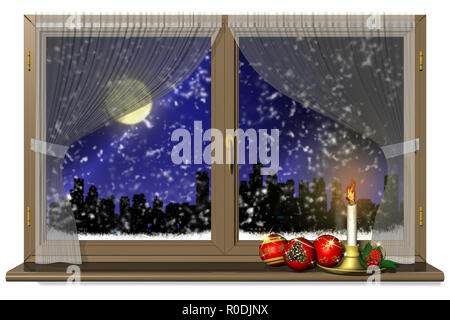 3D-Darstellung. Fenster mit Weihnachtsdekoration. Winter abend Landschaft. Stockfoto