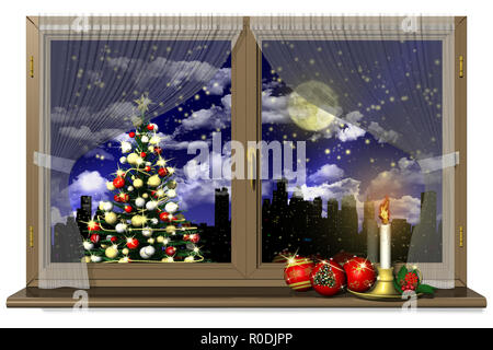 3D-Darstellung. Fenster mit Weihnachtsdekoration. Winter abend Landschaft. Stockfoto