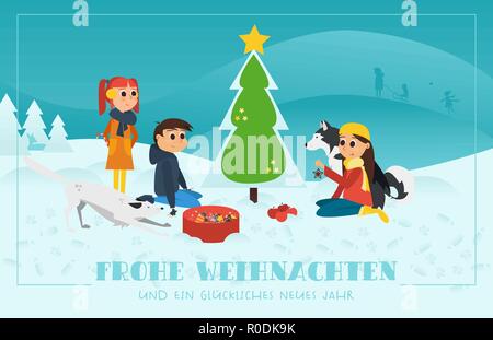 Weihnachten Grußkarte: Kinder mit Hunden schmücken die Chrismas Tree in verschneiter Landschaft. Stock Vektor