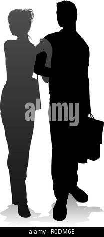 Junge Paar Einkaufen Silhouetten Stock Vektor