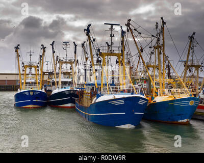 Moderne Boote unter ein Brütendes Himmel in einem niederländischen Hafen Stockfoto