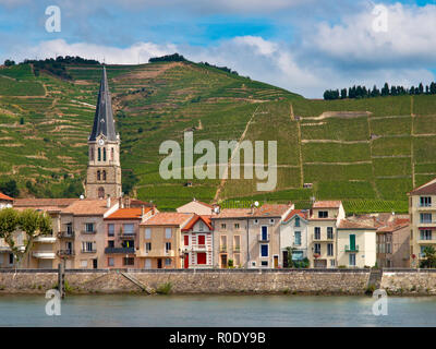 Ein flußufer Dorf und Weinberge auf den Hügeln der Côte du Rhône Gebiet in Frankreich Stockfoto