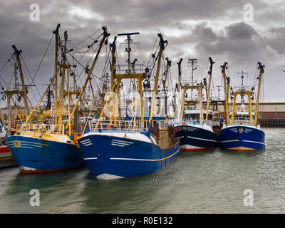 Moderne Boote unter ein Brütendes Himmel in einem niederländischen Hafen Stockfoto