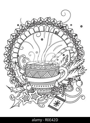 Becher mit heißer Schokolade. Nach Malbuch Seite. Weihnachtsdekoration, Bälle, Bänder, Lebkuchen, und Beeren. Hand Vector Illustration gezeichnet. Stock Vektor