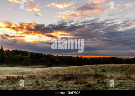 Misty herbstlichen Sonnenaufgang über der Skyline von London von Hampstead Heath, London, UK Stockfoto