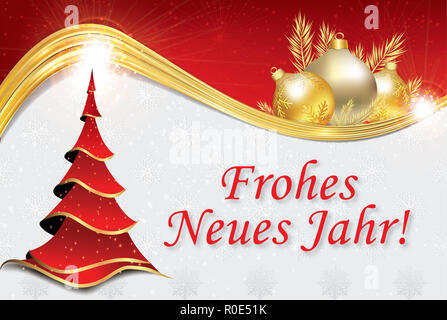 Rot und Silber Deutsche Grußkarte für das Neue Jahr feiern. Text: ein Frohes Neues Jahr. Stockfoto