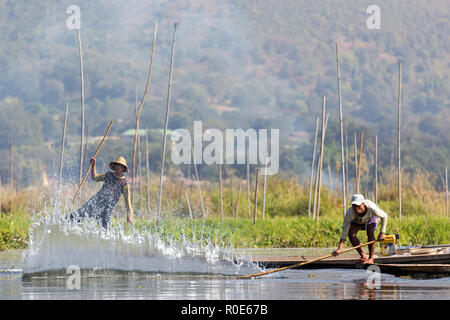 INLE SEE, Myanmar, 26. JANUAR 2015: Eine burmesische Fischer ist Spritzer Wasser die Fische ins Netz, die traditionelle Fischerei in zu machen Stockfoto