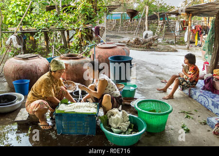 PHETCHABURI, THAILAND, 4. März, 2011: Thai Frauen Home machen - aus frischen Reis Nudeln, am frühen Morgen im Garten, bevor Sie zu den lokalen Marke Stockfoto