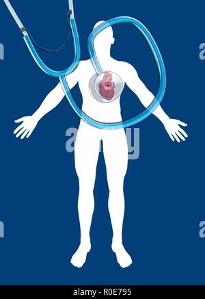 Das menschliche Herz und Stethoskop, Illustration. Stockfoto