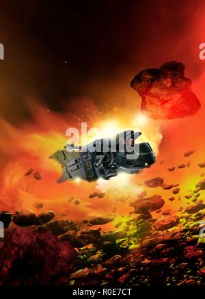 Space Craft im Asteroidengürtel, Illustration. Stockfoto