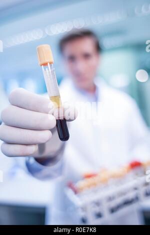 Männliche Laboratory Assistant holding Reagenzglas. Stockfoto