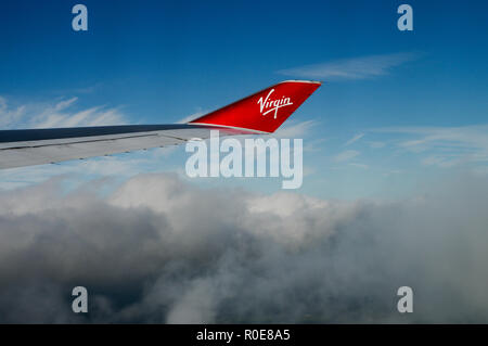 Markante winglet von Virgin Atlantic Boeing 747-Flugzeuge an Bord Stockfoto