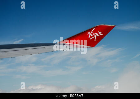 Markante winglet von Virgin Atlantic Boeing 747-Flugzeuge an Bord Stockfoto