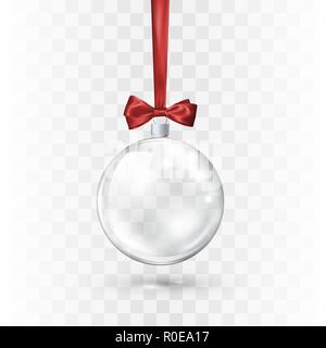 Glas transparent Christmas Ball verzierten durch roten bogen und farbband. Element der Urlaub Dekoration. Vector Illustration auf weißem Hintergrund Stock Vektor